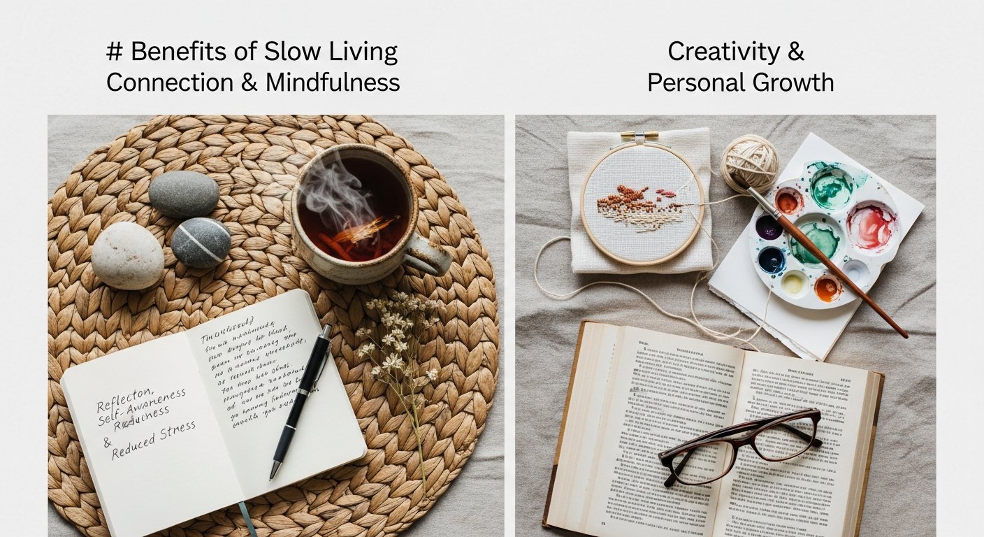 Illustration of a woman practicing slow living at home, symbolizing relaxation and mindful self-care
