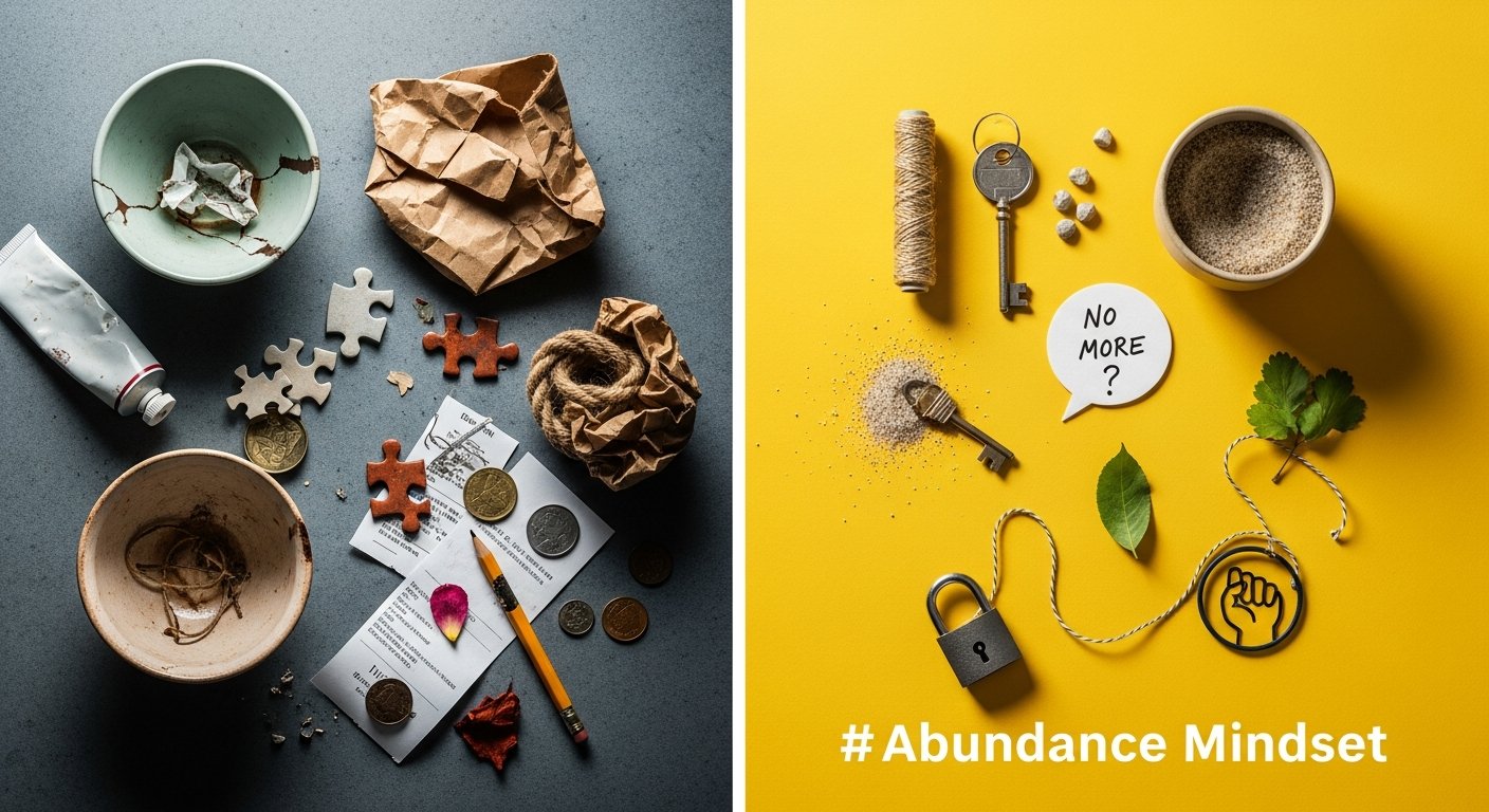 Featured illustration of a woman choosing between scarcity and abundance mindsets for women's lifestyle