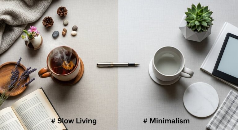 Featured illustration comparing slow living and minimalism for a women's lifestyle article