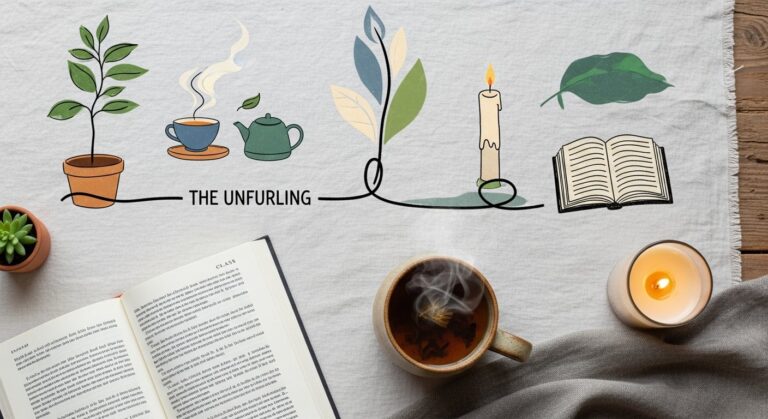 Featured illustration for Women's Lifestyle 'Slow Living' article &mdash; woman relaxing in a cozy, slow-living home setting