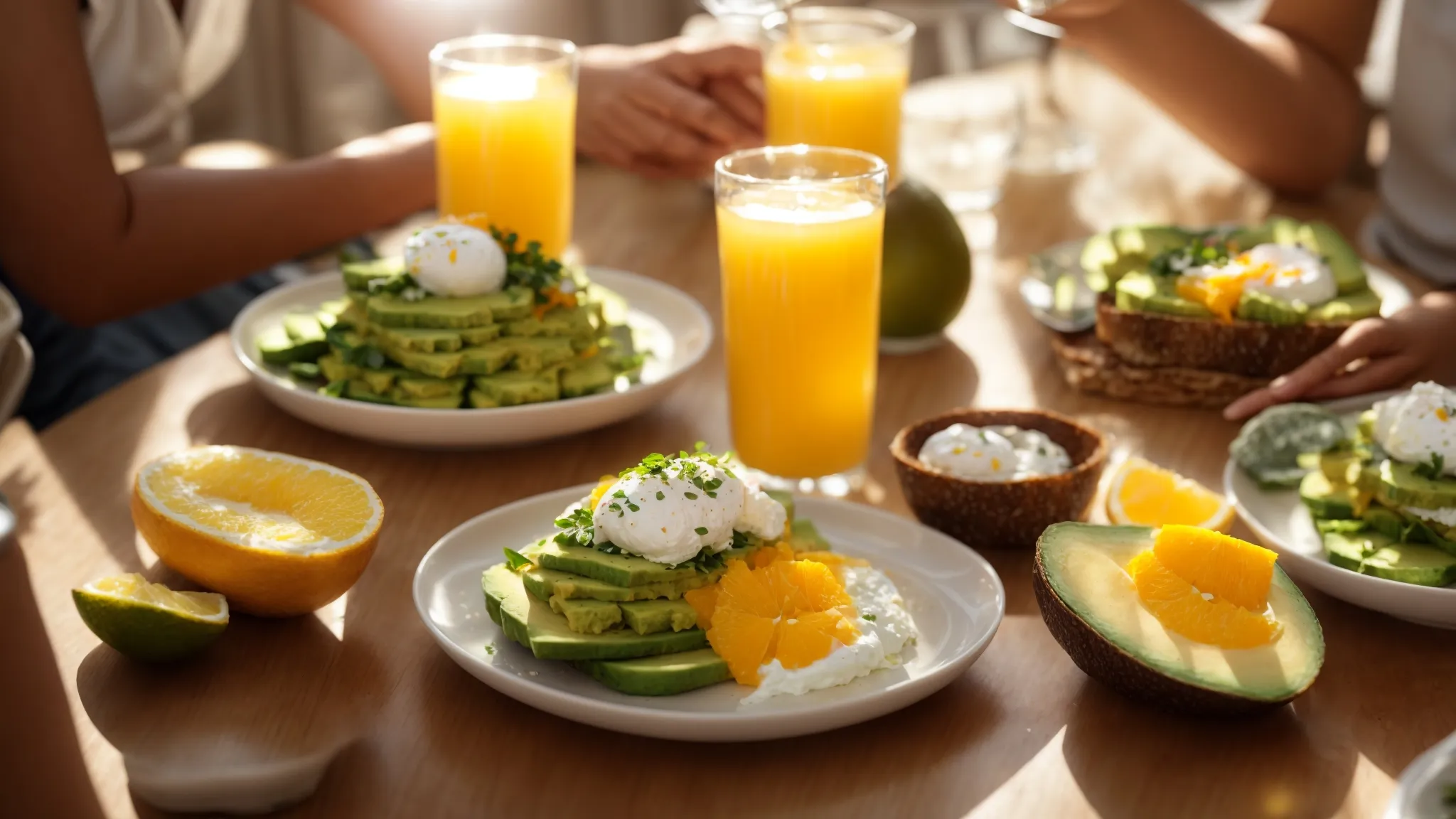 Sunlight filtering onto a table set with plates of avocado toast and coffee for brunch