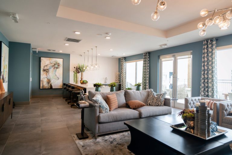 a living room with a large window
