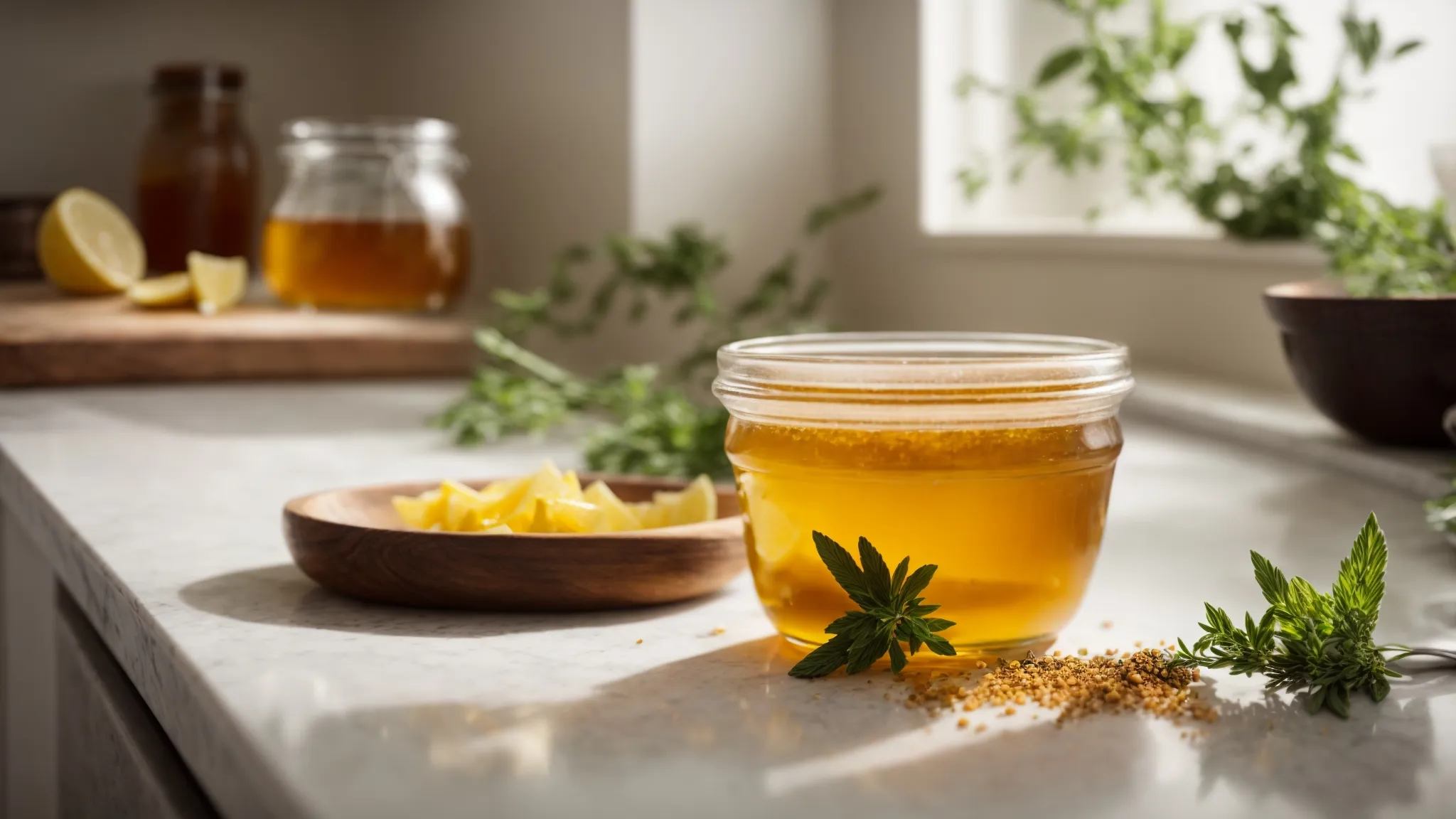 Jar of golden honey infused with herbs, next to fresh herbs and a wooden spoon, symbolizing natural cooking and intentional living