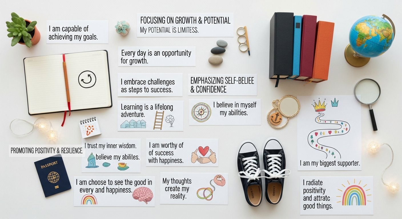 Illustration of a woman practicing positive affirmations for mindset and women's lifestyle wellbeing