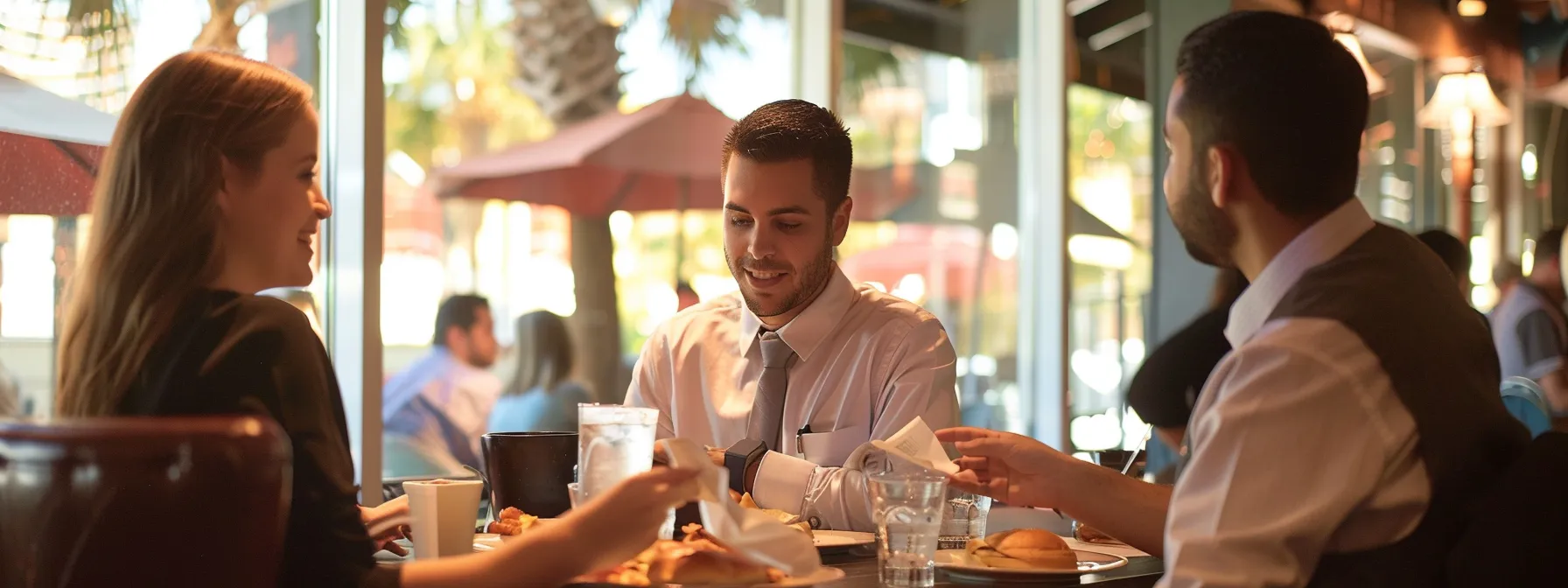 Friends enjoying a lively brunch together at a trendy restaurant