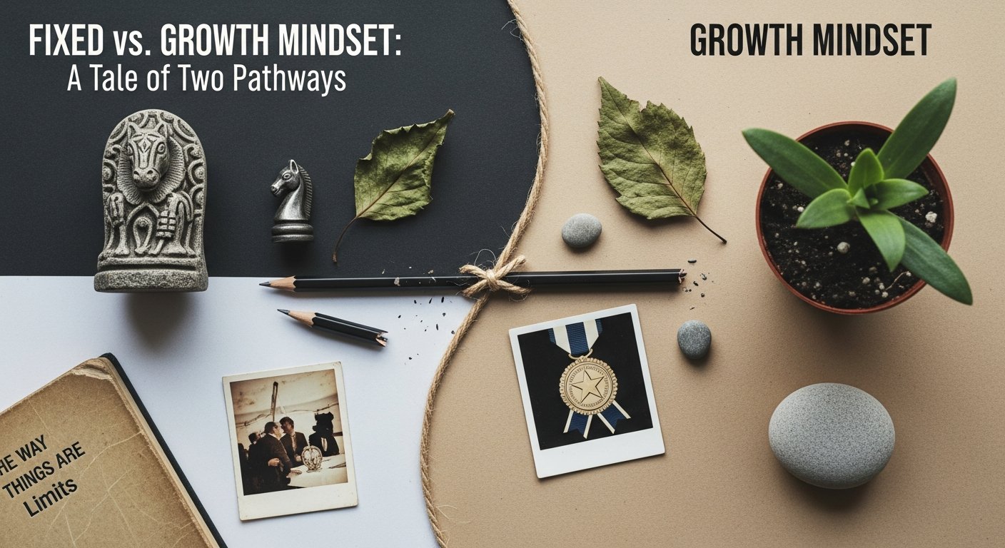 Illustration of a woman comparing fixed vs growth mindset for personal growth and women's lifestyle.