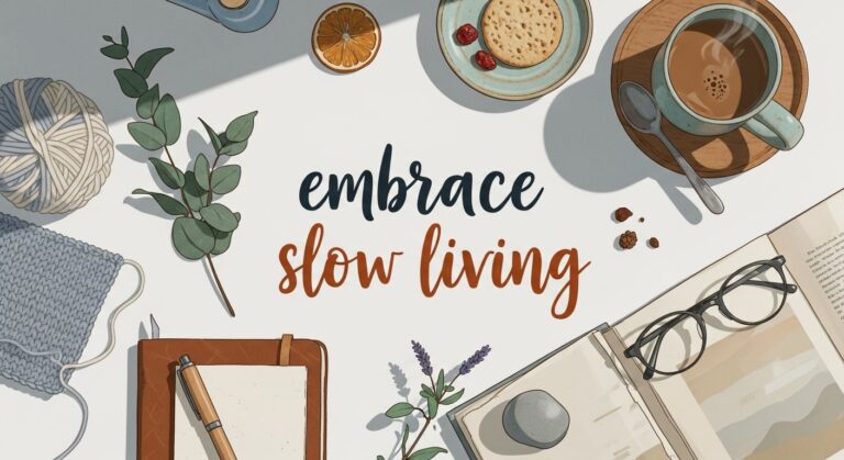Featured illustration of a woman embracing slow living in a cozy home scene with plants and a book for Women's Lifestyle